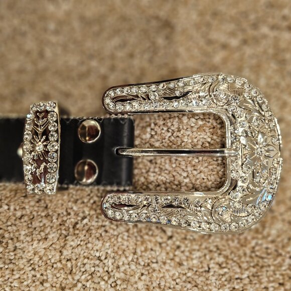 FULL OF BLING! Black Genuine Leather Belt - Medium, Like New main image 5